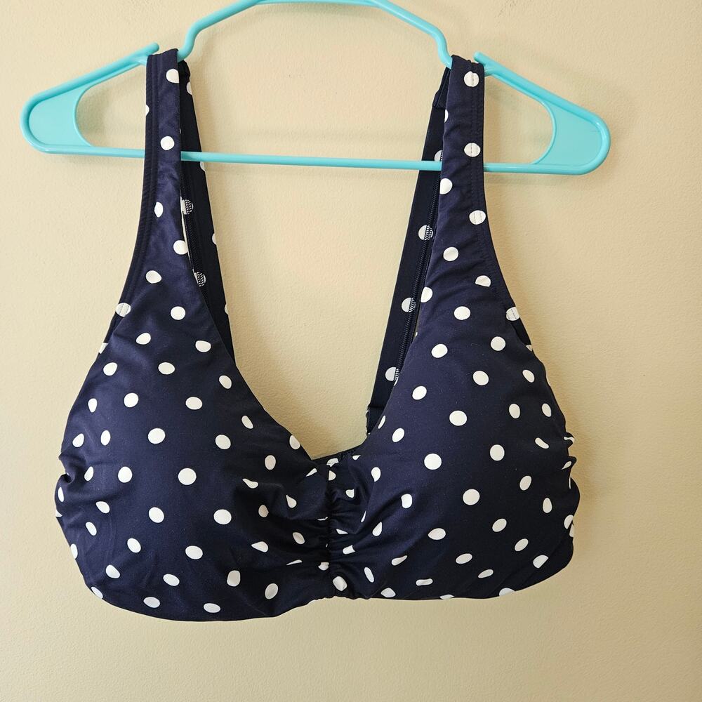 Lands' End Women's Bikini Top, Size 18W Navy Polka Dot Underwire Ruched Pinup